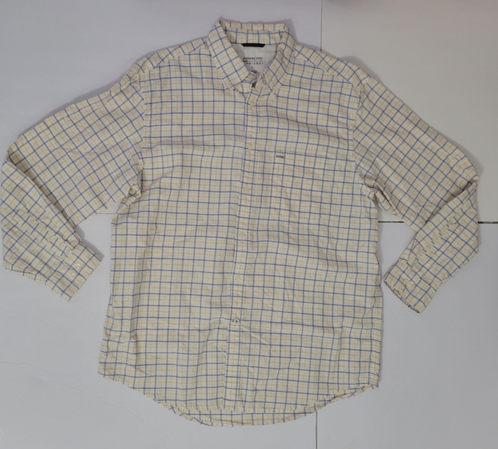 Arrow USA 1851 Mens Large Yellow Blue Plaid Long Sleeve Button Down Shirt